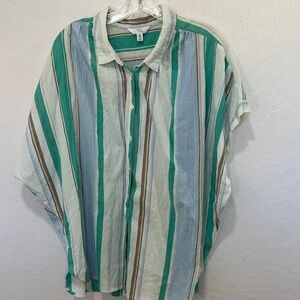 retro Blouse Shirt Women's  plus Size xxl 20 Green Striped Cap Sleeve Buttoned